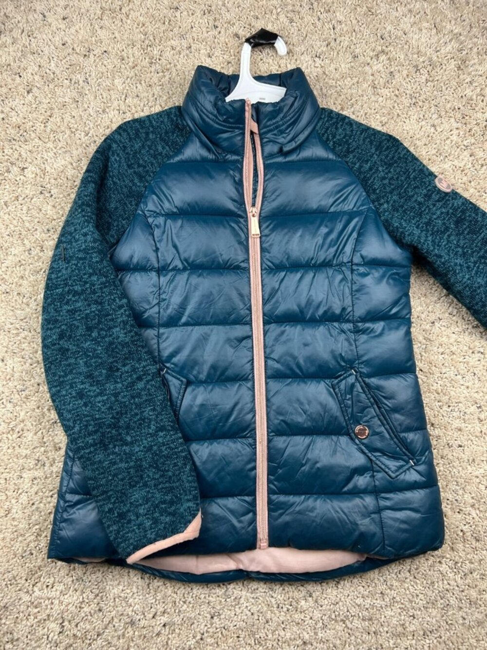 Michael Kors Girls Size 10/12 Blue Puffer Jacket Coat Full Zip Pink Accent Youth